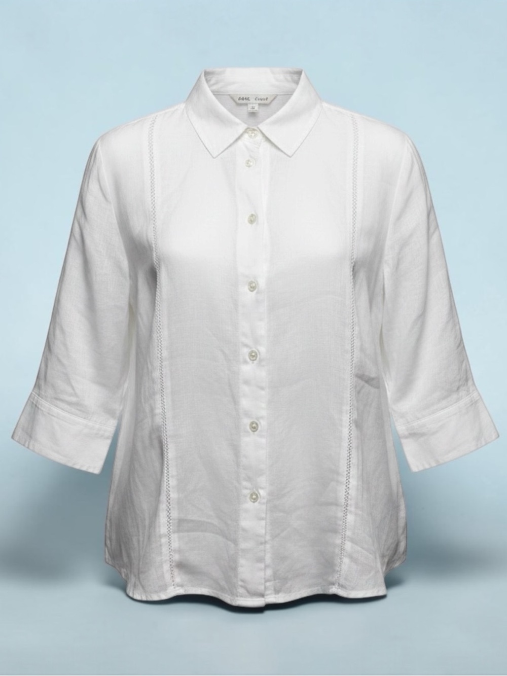 White Irish Linen Button-Down Shirt with Lace-Style Paneling